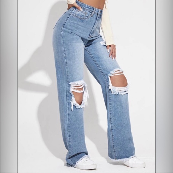 Blue Ripped Cutout High Waisted Wide Leg Jeans - Picture 4 of 4